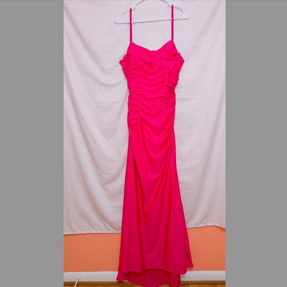 Blondie Nites NWT Hot Pink Sleeveless Open Back Side Ruched Long Formal Dress 13